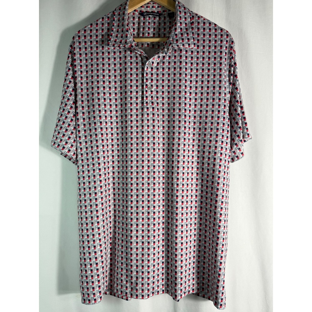 Cutter & Buck Men's Large Polo Shirt Geometric‎ Red Navy Square Print Golf